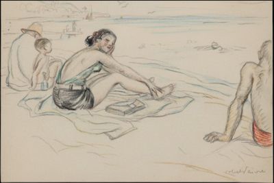 drawing of a woman sitting on a beach with other people in the background