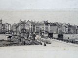 dessin représentant une vue d'une ville avec un pont et des bâtiments