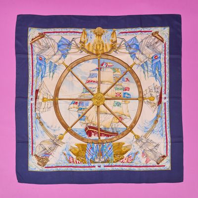 an image of a square scarf with a ship on it