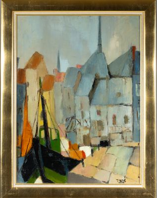 une peinture à l'huile représentant des bateaux dans un port avec des bâtiments à l'arrière-plan