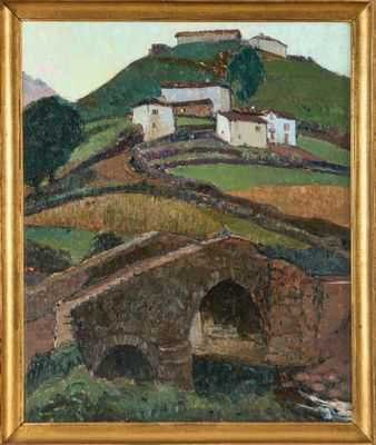 an oil painting of a bridge over a river with a castle on a hill in the background