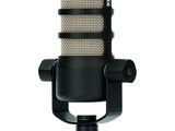 the microphone is black and silver with a white background