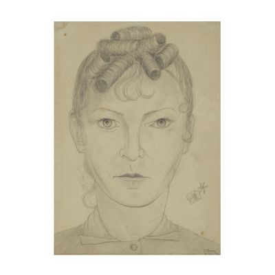 drawing of a woman ' s face with a bun on her head