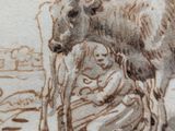 a drawing of a cow standing next to a woman