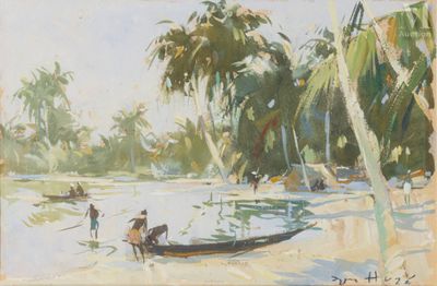 a painting of a boat on the water with people on it