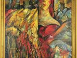 une peinture à l'huile représentant une femme en robe rouge et chapeau