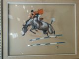 a painting of a horse and rider jumping over a hurdle