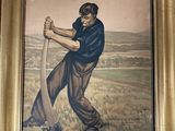 tableau représentant un homme tenant une batte de baseball dans un champ