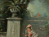 painting of a woman in a red dress holding a fan in front of a fountain