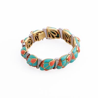 Bracelet en or, corail et turquoise, Italie - Photo 1