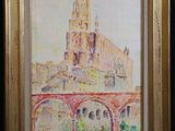 an oil painting of a building with a clock tower on top of it
