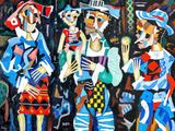 painting of a group of people dressed in colorful clothes and hats