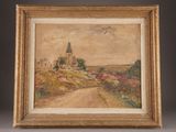 an oil painting of a road with a church in the distance