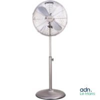 an image of a metal fan on a stand with a white background