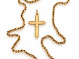 a gold cross pendant with a chain on a white background
