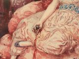 a painting of a woman sitting on a couch