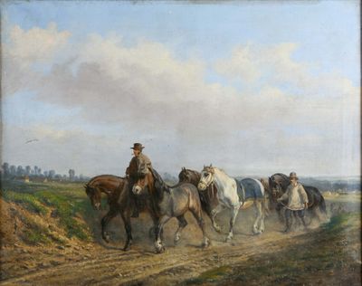 École française vers 1860 « Retour du marché aux chevaux »