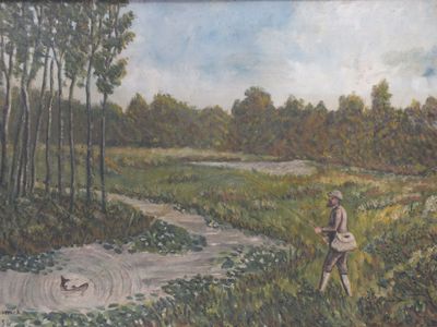 un tableau représentant un homme dans un champ avec des canards