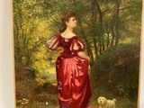 une peinture à l'huile représentant une femme en robe rouge et un chien