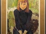 painting of a woman in a black dress sitting on a chair