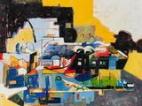 painting of a painting of a city with a lot of buildings