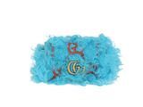 turquoise feathered clutch with gold gg buckle