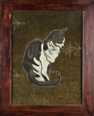 tableau représentant un chat assis dans un cadre en bois sur un fond marron