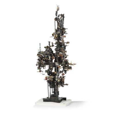 an image of a sculpture of a tree made out of various objects