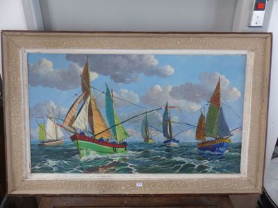 un tableau représentant un groupe de voiliers naviguant sur l'océan