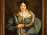 une peinture à l'huile représentant une femme en robe bleue, portant une étole en fourrure