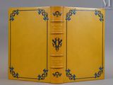 un livre jaune avec des bordures bleues et un motif décoratif sur la couverture