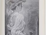 an old book with a drawing of a woman sitting at a piano