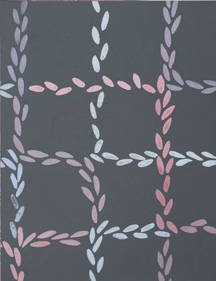 an image of a painting of a black background with pink and blue leaves