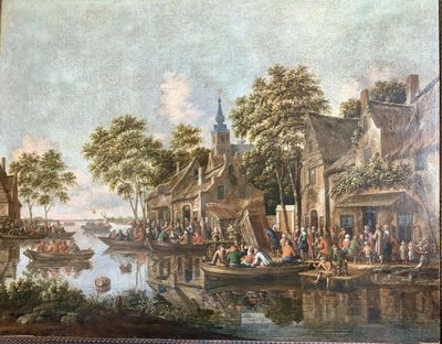 painting of a river scene with people on boats and a town in the background
