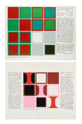 deux imprimés composés de carrés et de rectangles rouges, verts et noirs