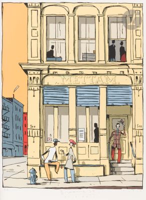 drawing of a man and woman sitting on a bench in front of a building