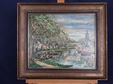a picture of a painting on a easel with a blue background