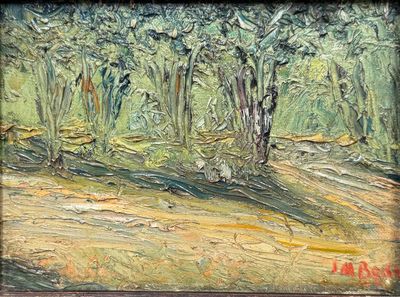 peinture à l'huile d'une scène de forêt avec des arbres au premier plan