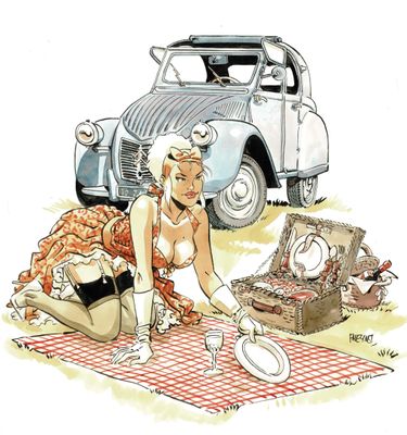un dessin représentant une femme assise sur une couverture à côté d'une voiture
