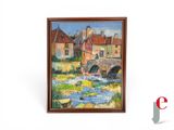 une peinture à l'huile représentant une scène de village avec une rivière et un pont