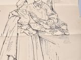 an old drawing of a woman and a child in a kitchen