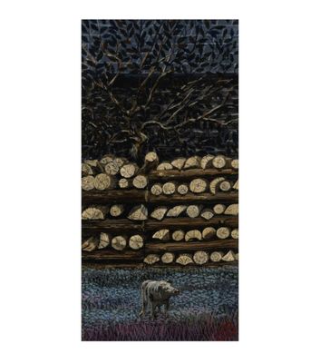 an image of a painting of a dog standing in front of a pile of logs