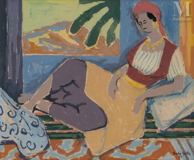 tableau représentant une femme assise sur un banc devant une fenêtre
