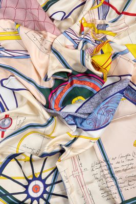 a close up of a scarf with a map on it