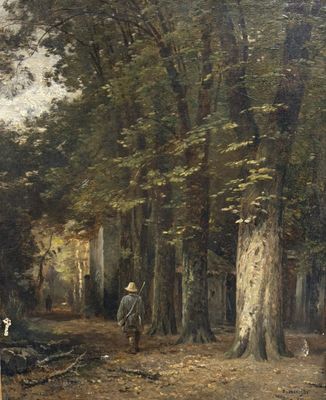 un tableau représentant un homme debout dans un espace boisé