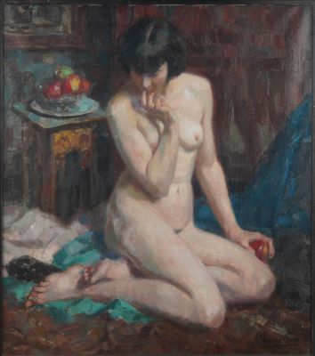 painting of a nude woman sitting on a bed with a bowl of fruit in front of her