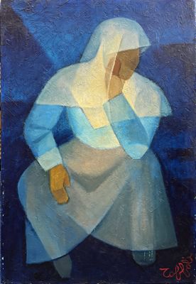 une peinture à l'huile représentant une femme en robe bleue assise par terre