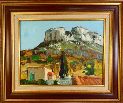 une peinture représentant une montagne, avec une maison et des arbres au premier plan