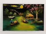un tableau représentant un homme sur un bateau, un panier sur la tête