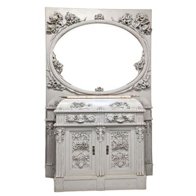 an image of a white cabinet with a mirror above it